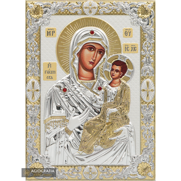 Virgin Mary the Healer (Giatrissa) Silver Gold Plated Icon on Wood