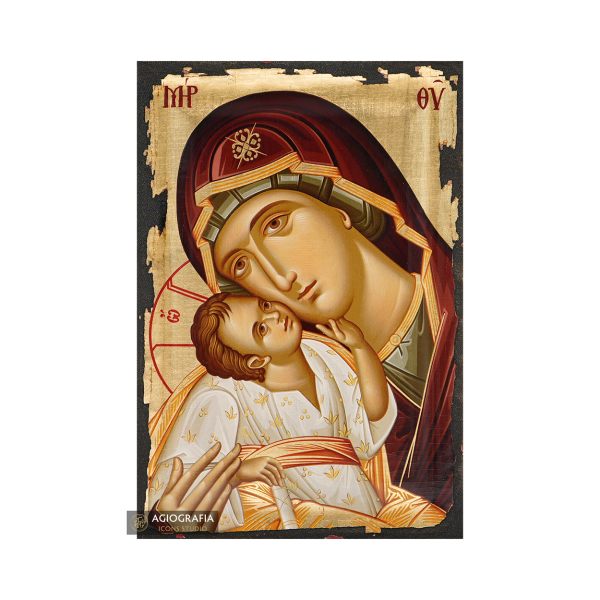Virgin Mary of Vladimir Christian Icon with Aged Gold Leaves