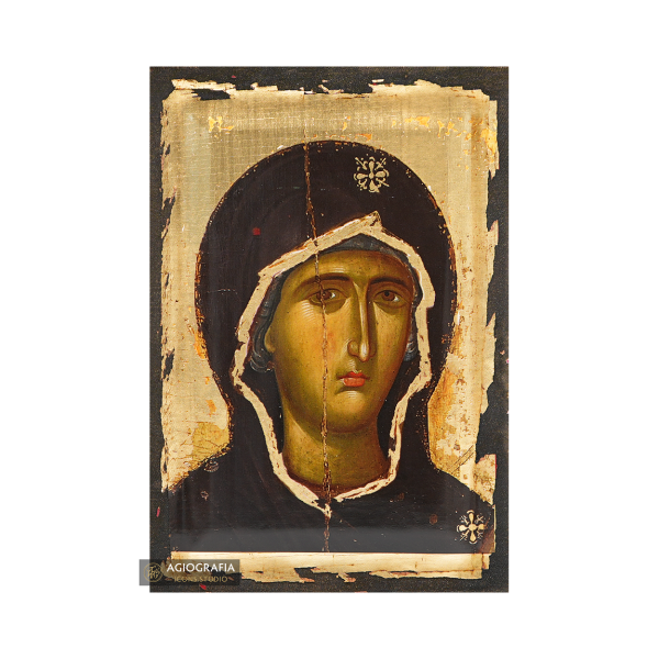 Virgin Mary Christian Greek Icon with Aged Gold Leaves