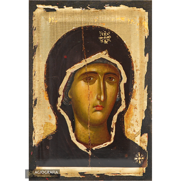 Virgin Mary Christian Greek Icon with Aged Gold Leaves