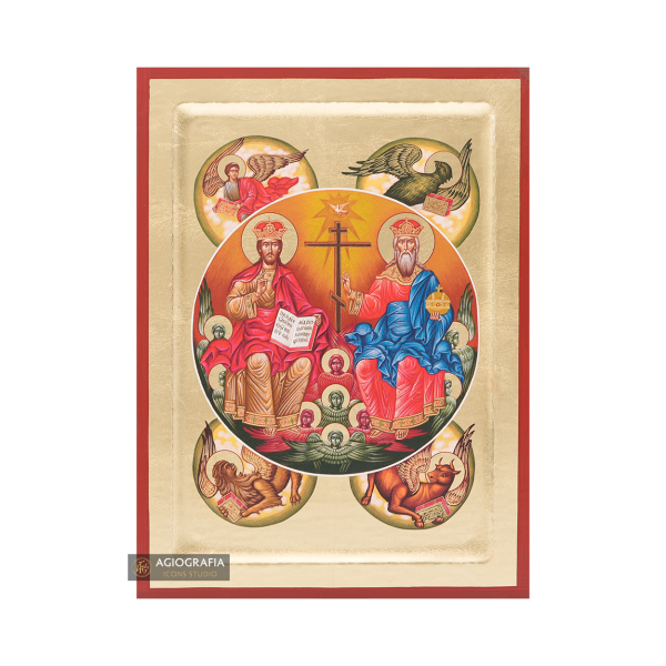 18k The Holy Trinity with the 4 Evangelists Icon with Gold Leaf