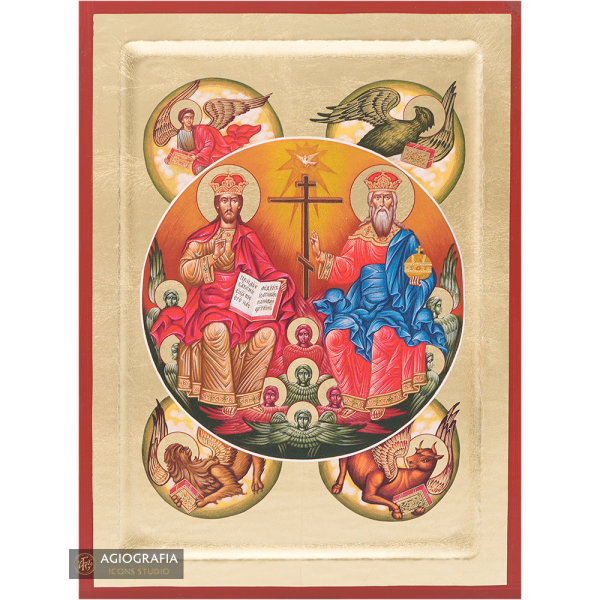 18k The Holy Trinity with the 4 Evangelists Icon with Gold Leaf